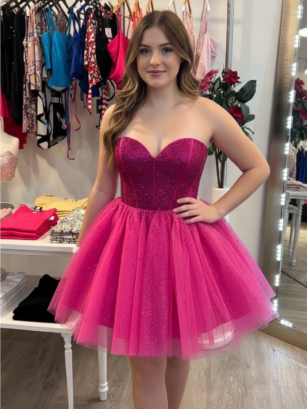 Strapless Hot Pink Sparkle Mini Dress